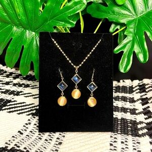 Blue and Gold-Tone Statement Necklce and Pierced Earrings Set with Manmade Gems
